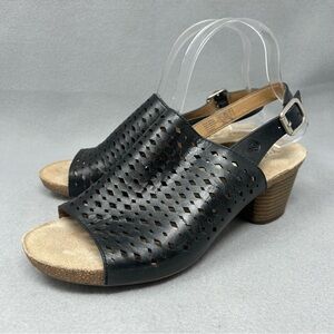 Josef Seibel Women 9-9.5 Black Comfort Sandal Sling Back  Lazer Cut Leather Heel